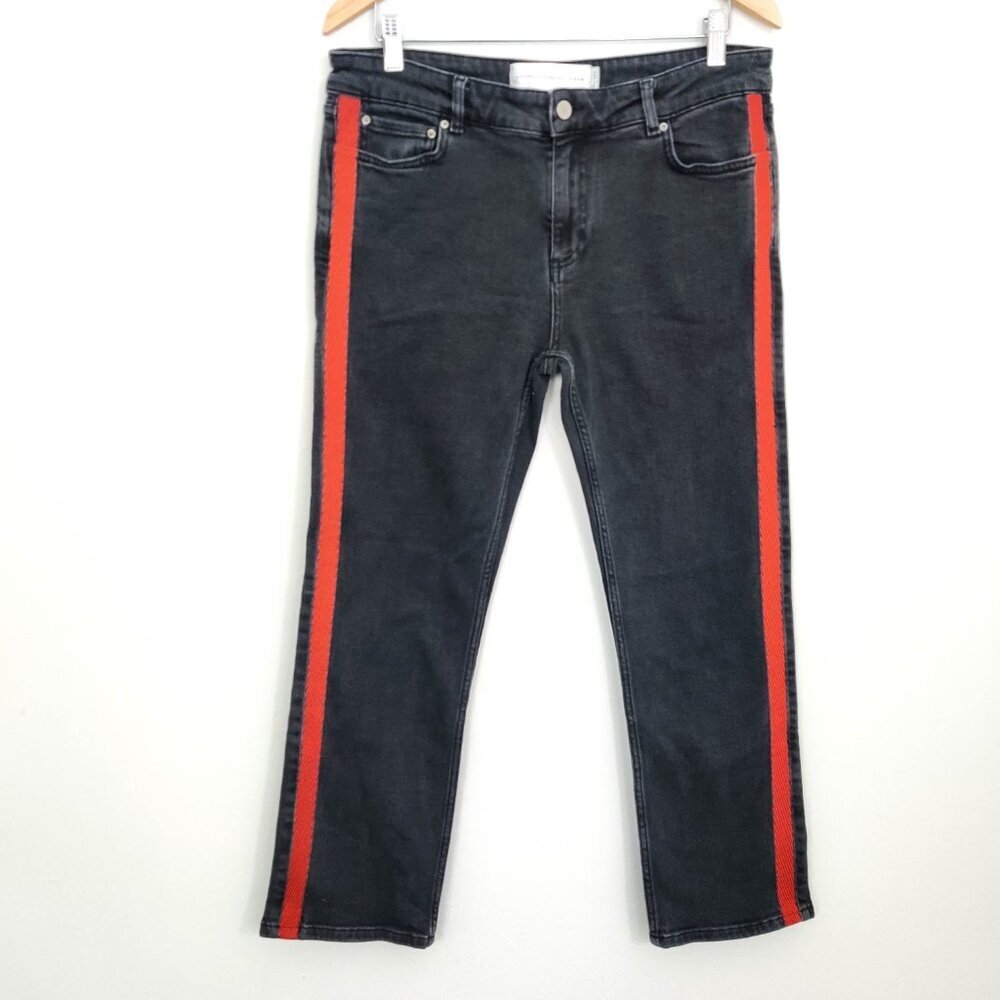 Victoria Beckham Tuxedo Side Stripe Straight Leg Jeans in Washed Black Red 28